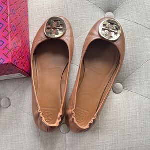 Tory Burch Brown Leather Logo Ballet Flats with Gold Medallions